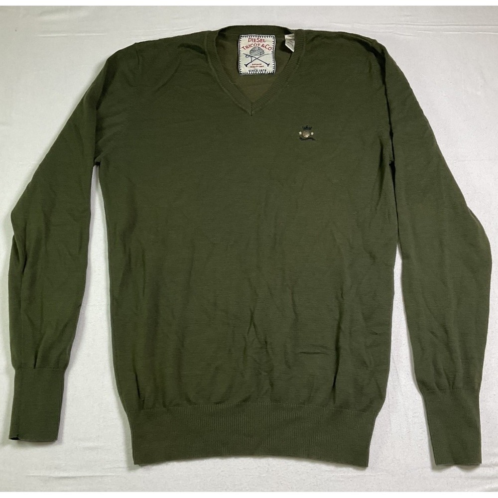 Diesel Sweater Mens L K-Malt Green Lightweight Pullover V Neck Casual Preppy 603